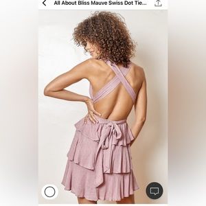 Lulu’s All About Bliss Mauve Swiss Dot Tiered Halter Mini Dress. Size Medium.